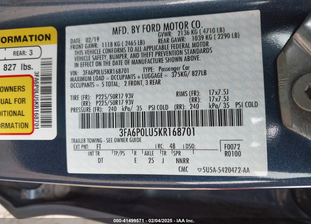 2019 FORD FUSION HYBRID VIN: 3FA6P0LU5KR168701