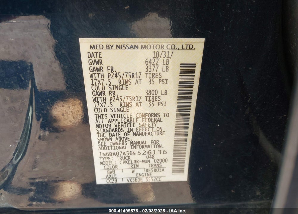 2006 NISSAN TITAN VIN: 1N6BA07A56N526136