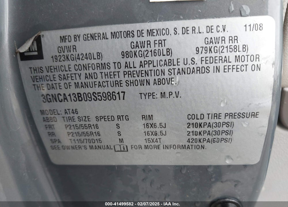 2009 CHEVROLET HHR VIN: 3GNCA13B09S598617