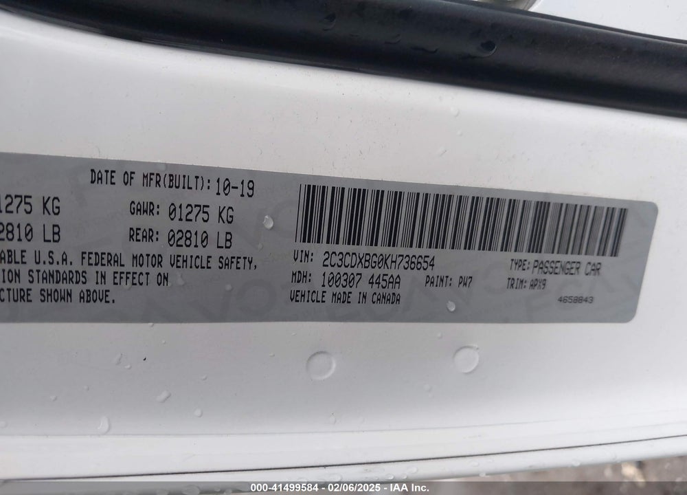 2019 DODGE CHARGER VIN: 2C3CDXBG0KH736654