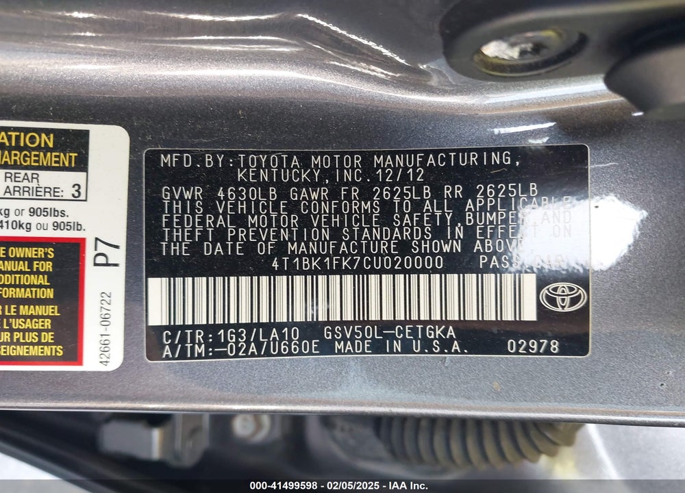 2012 TOYOTA CAMRY XLE V6 VIN: 4T1BK1FK7CU020000