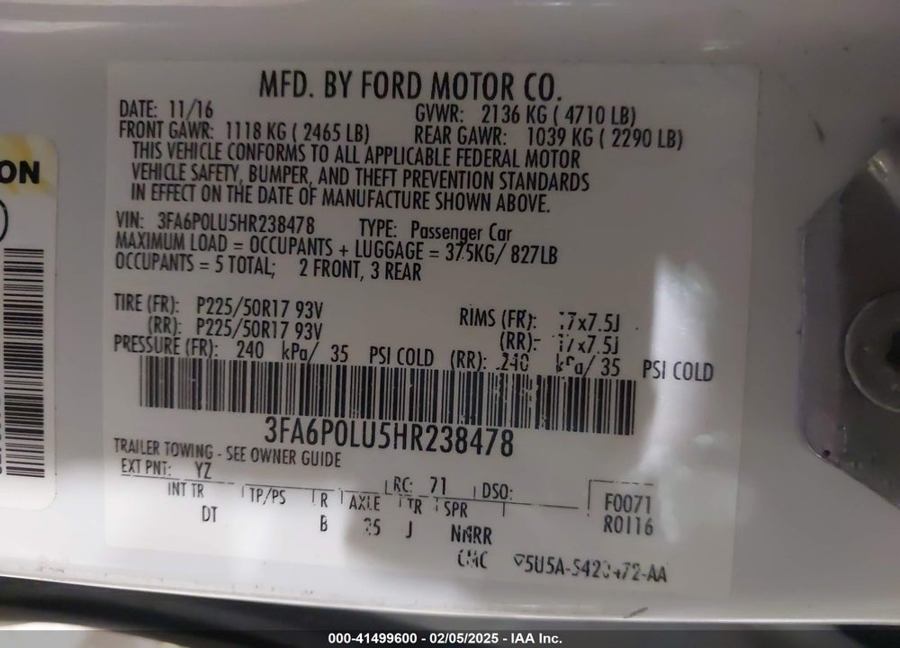 2017 FORD FUSION HYBRID VIN: 3FA6P0LU5HR238478