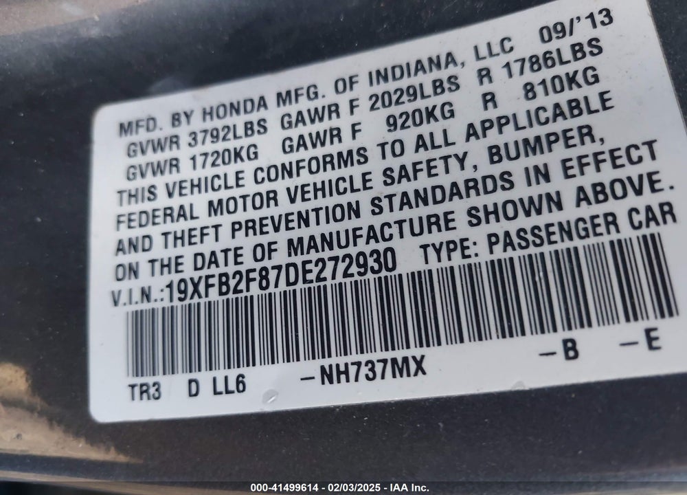 2013 HONDA CIVIC VIN: 19XFB2F87DE272930