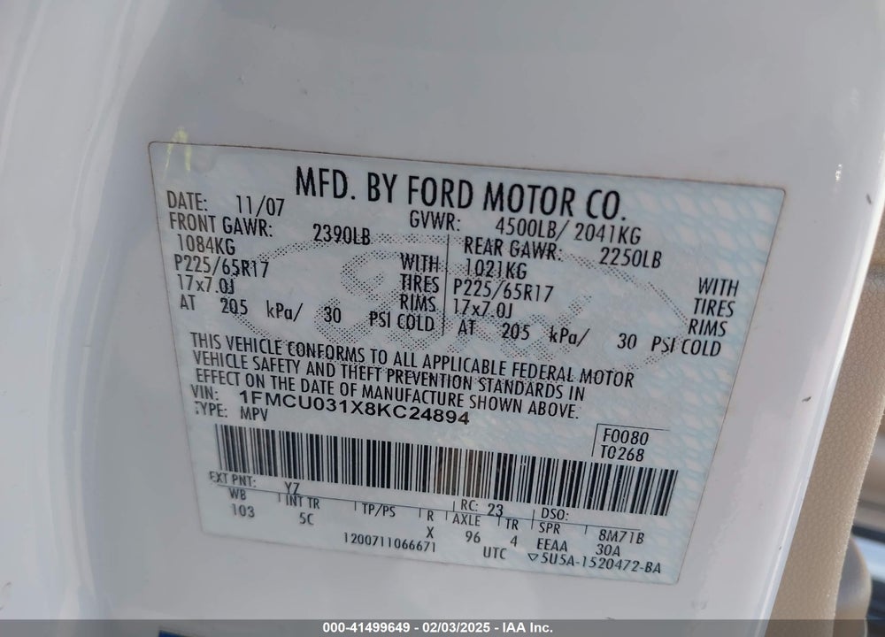 2008 FORD ESCAPE XLT VIN: 1FMCU031X8KC24894