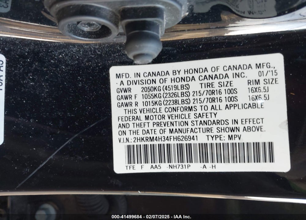 2015 HONDA CR-V LX VIN: 2HKRM4H34FH626941