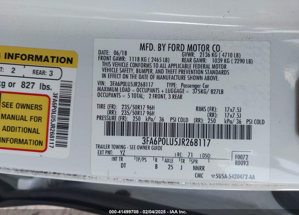 2018 FORD FUSION HYBRID VIN: 3FA6P0LU5JR268117