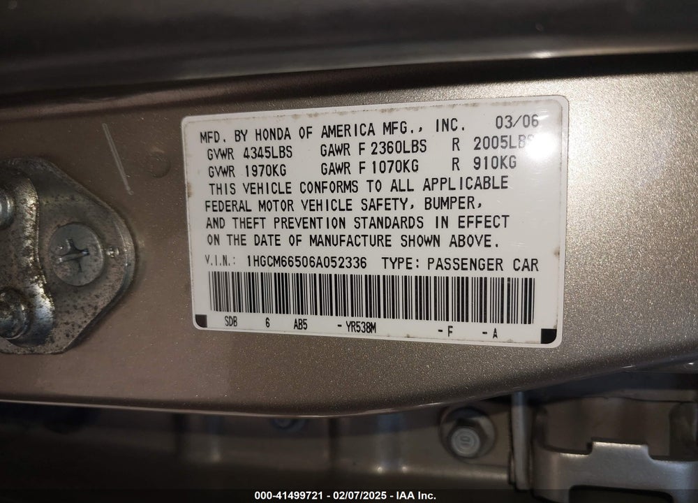 2006 HONDA ACCORD 3.0 EX VIN: 1HGCM66506A052336