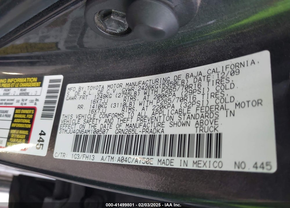 2010 TOYOTA TACOMA VIN: 3TMJU4GN6AM100507