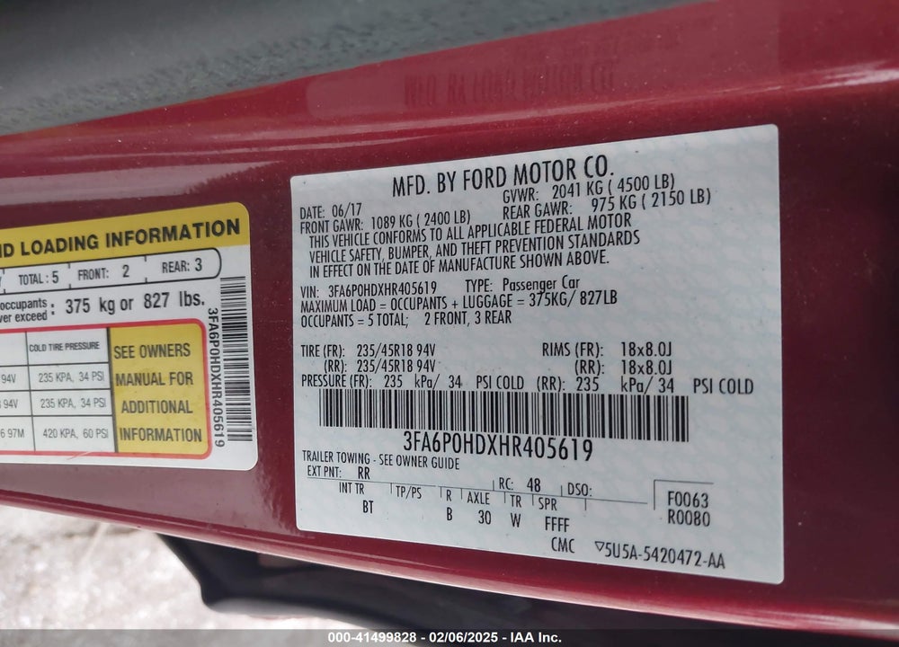 2017 FORD FUSION VIN: 3FA6P0HDXHR405619
