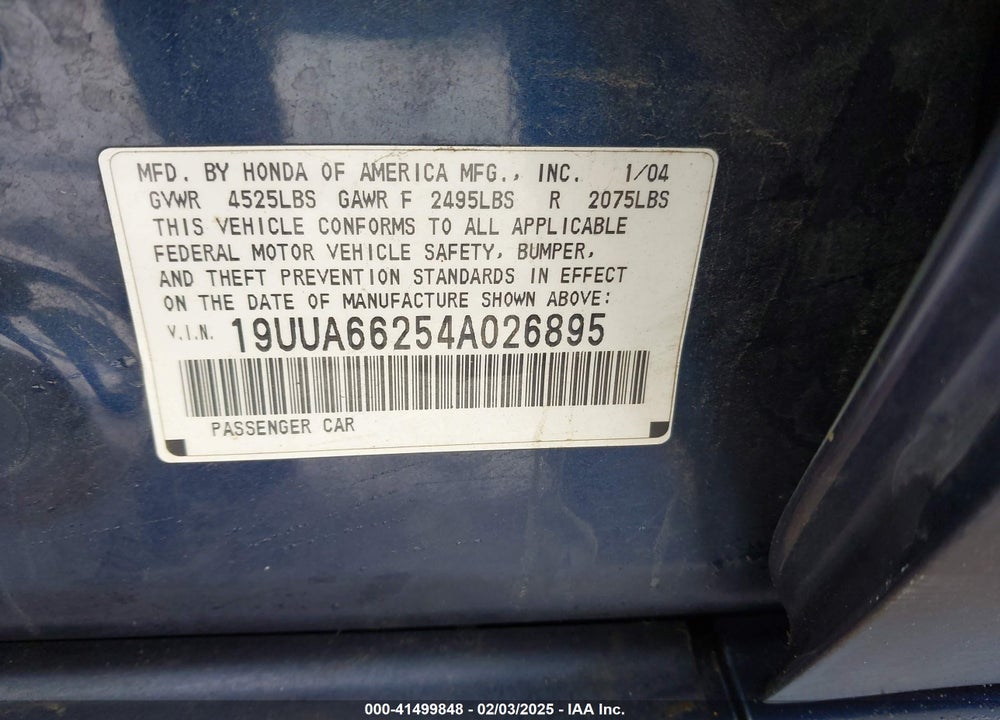 2004 ACURA TL VIN: 19UUA66254A026895