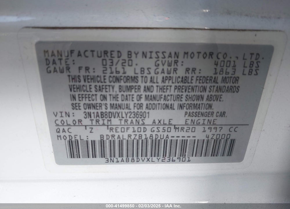 2020 NISSAN SENTRA VIN: 3N1AB8DVXLY236901