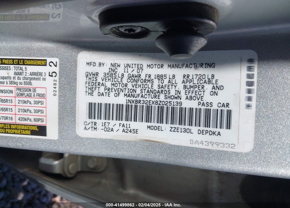 2008 TOYOTA COROLLA VIN: 1NXBR32EX8Z025139