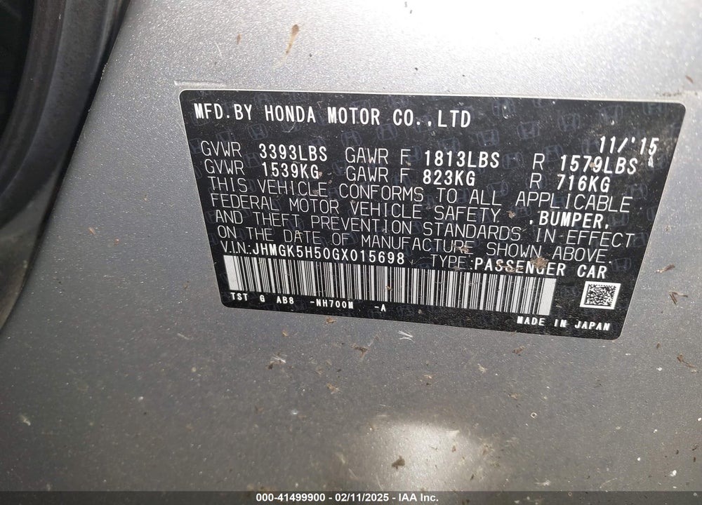 2016 HONDA FIT VIN: JHMGK5H50GX015698