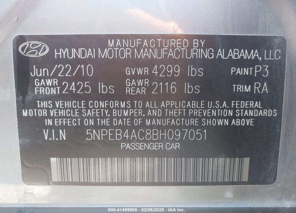 2011 HYUNDAI SONATA VIN: 5NPEB4AC8BH097051