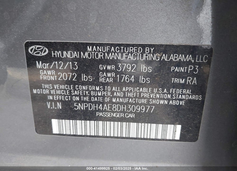 2013 HYUNDAI ELANTRA VIN: 5NPDH4AE8DH309977
