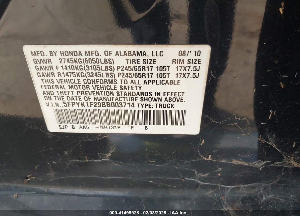2011 HONDA RIDGELINE VIN: 5FPYK1F29BB003714