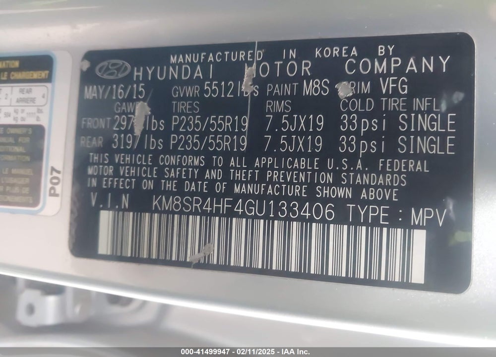 2016 HYUNDAI SANTA FE LIMITED VIN: KM8SR4HF4GU133406
