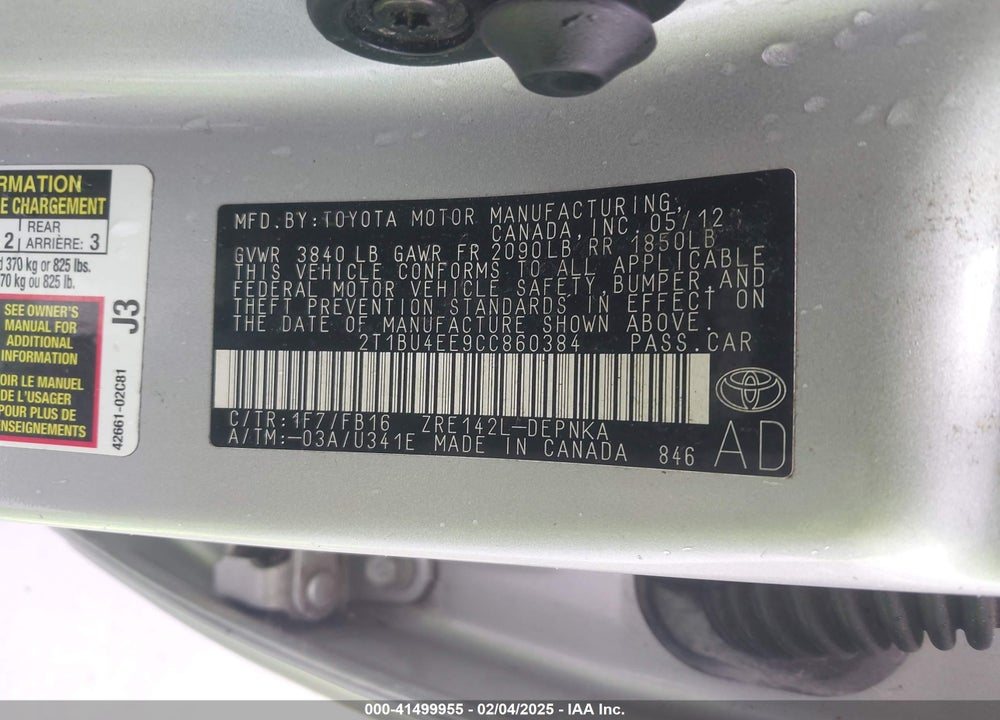 2012 TOYOTA COROLLA LE VIN: 2T1BU4EE9CC860384
