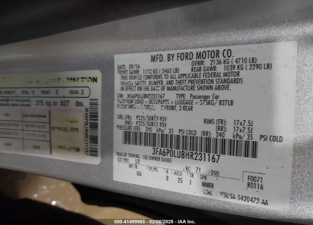 2017 FORD FUSION HYBRID SE VIN: 3FA6P0LU8HR231167
