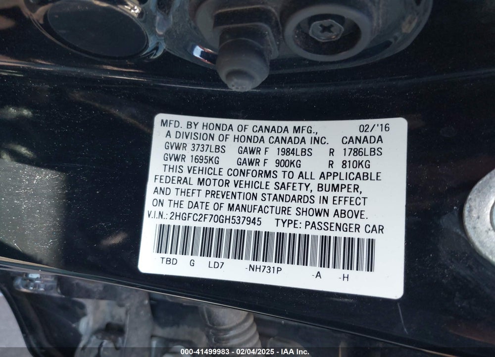 2016 HONDA CIVIC VIN: 2HGFC2F70GH537945
