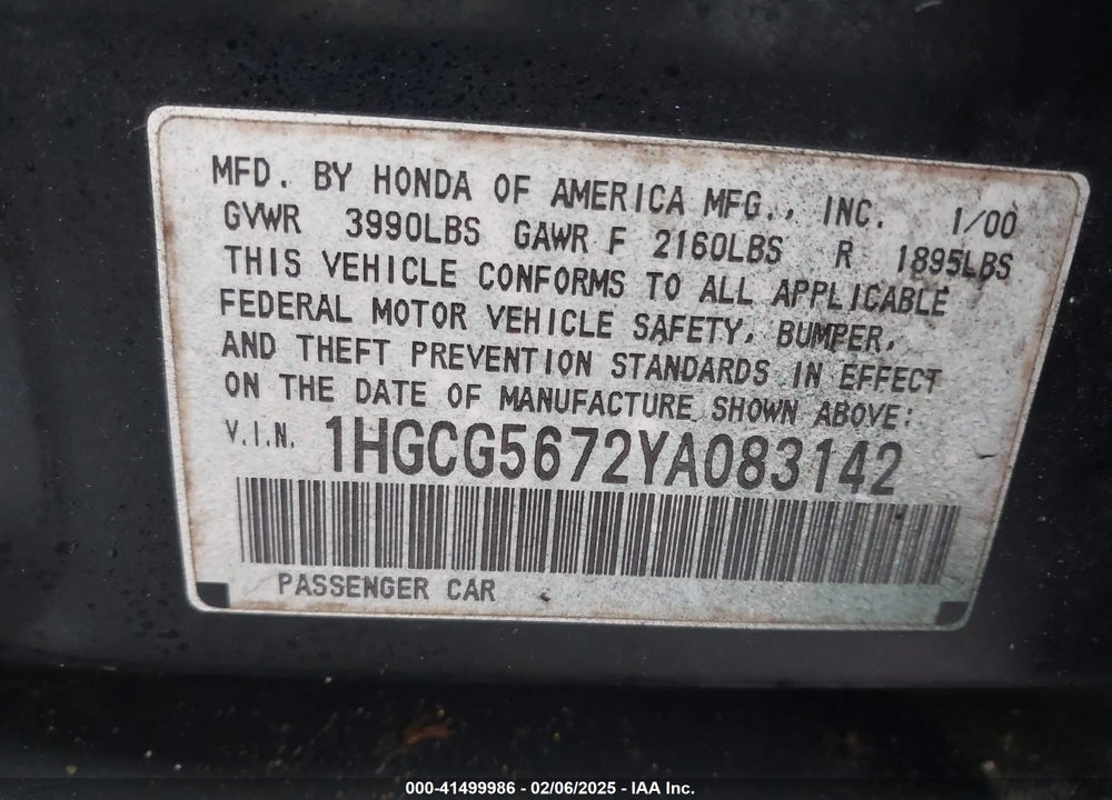 2000 HONDA ACCORD 2.3 SE VIN: 1HGCG5672YA083142