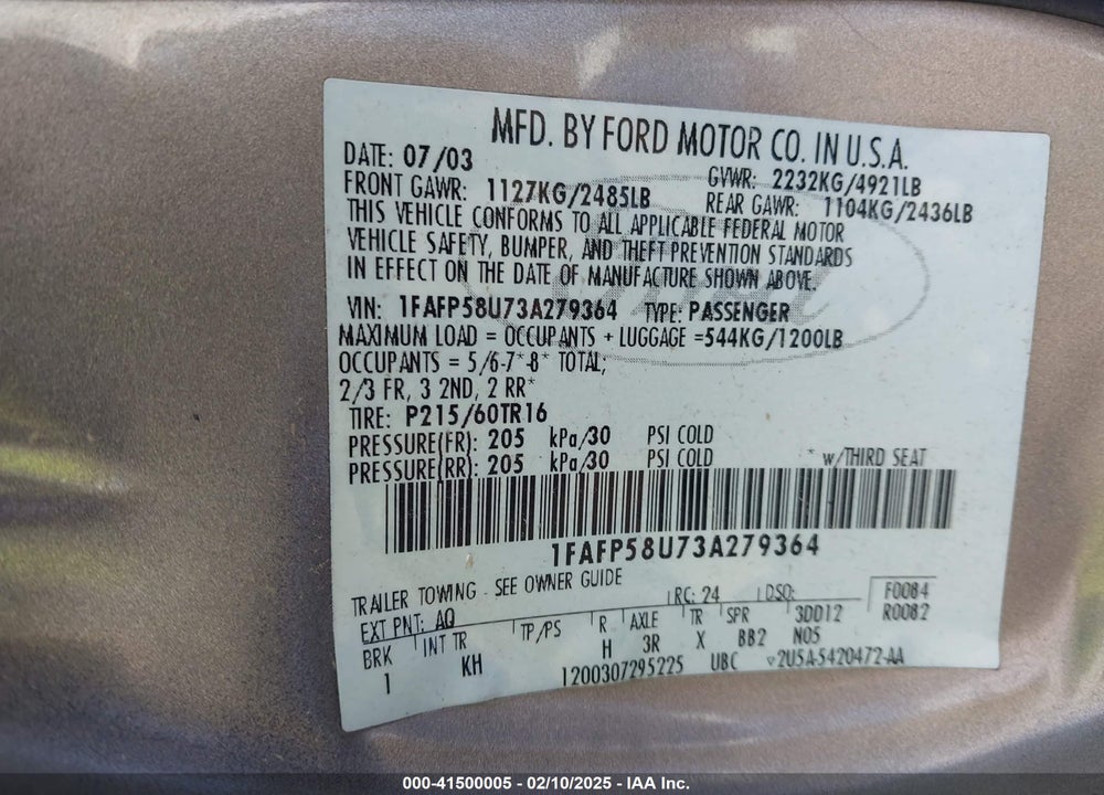 2003 FORD TAURUS SE VIN: 1FAFP58U73A279364