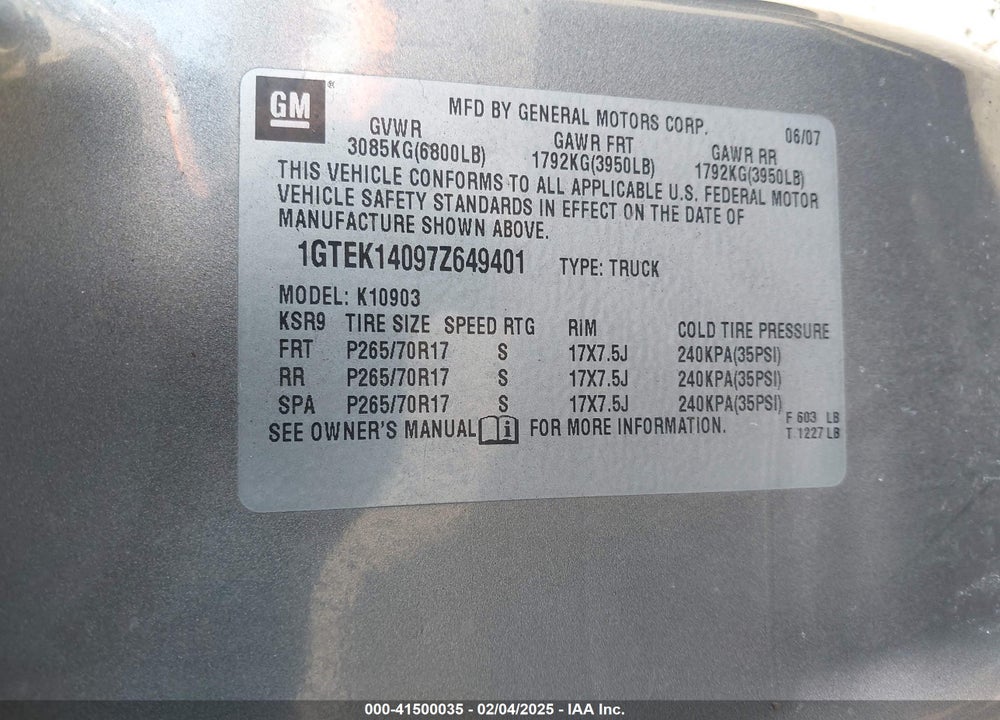 2007 GMC SIERRA 1500 VIN: 1GTEK14097Z649401