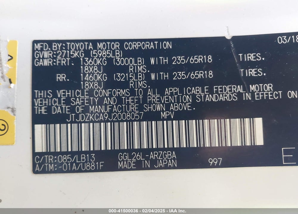 2018 LEXUS RX 350L PREMIUM VIN: JTJDZKCA9J2008057