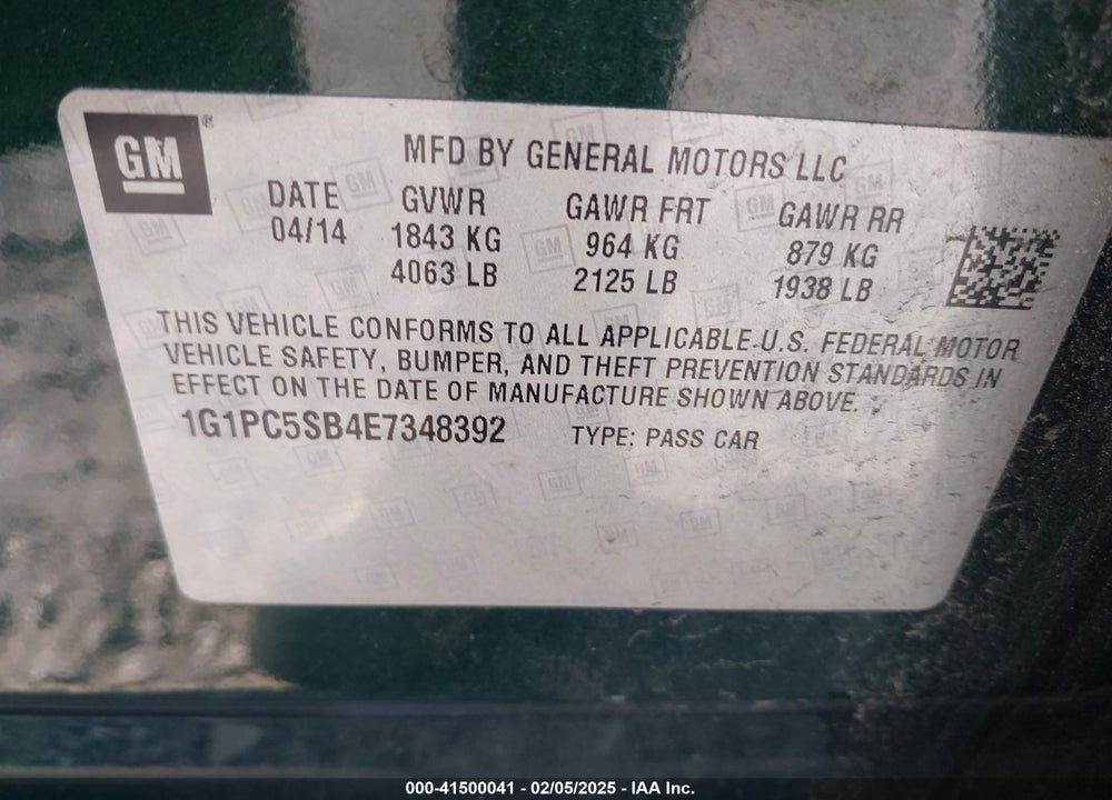 2014 CHEVROLET CRUZE VIN: 1G1PC5SB4E7348392
