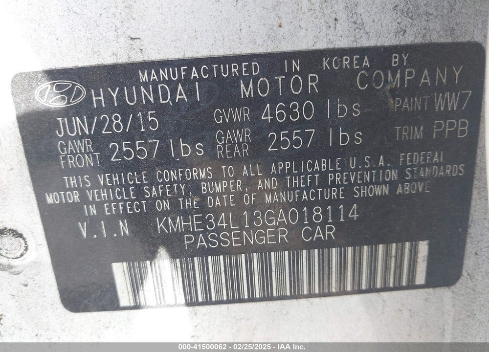 2016 HYUNDAI SONATA HYBRID VIN: KMHE34L13GA018114