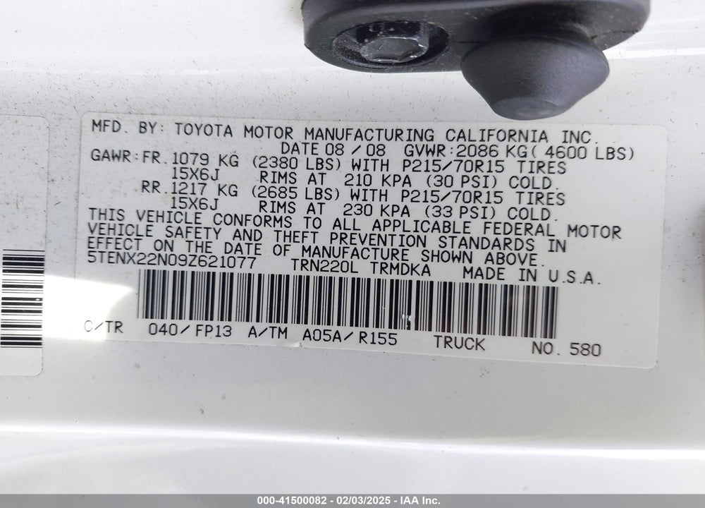 2009 TOYOTA TACOMA VIN: 5TENX22N09Z621077