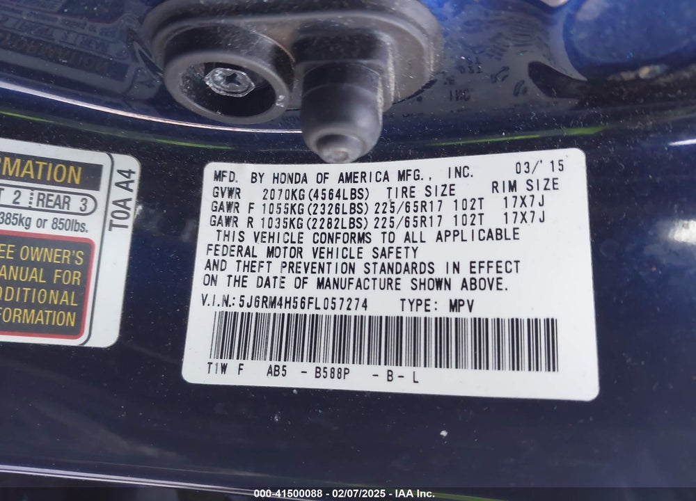 2015 HONDA CR-V EX VIN: 5J6RM4H56FL057274