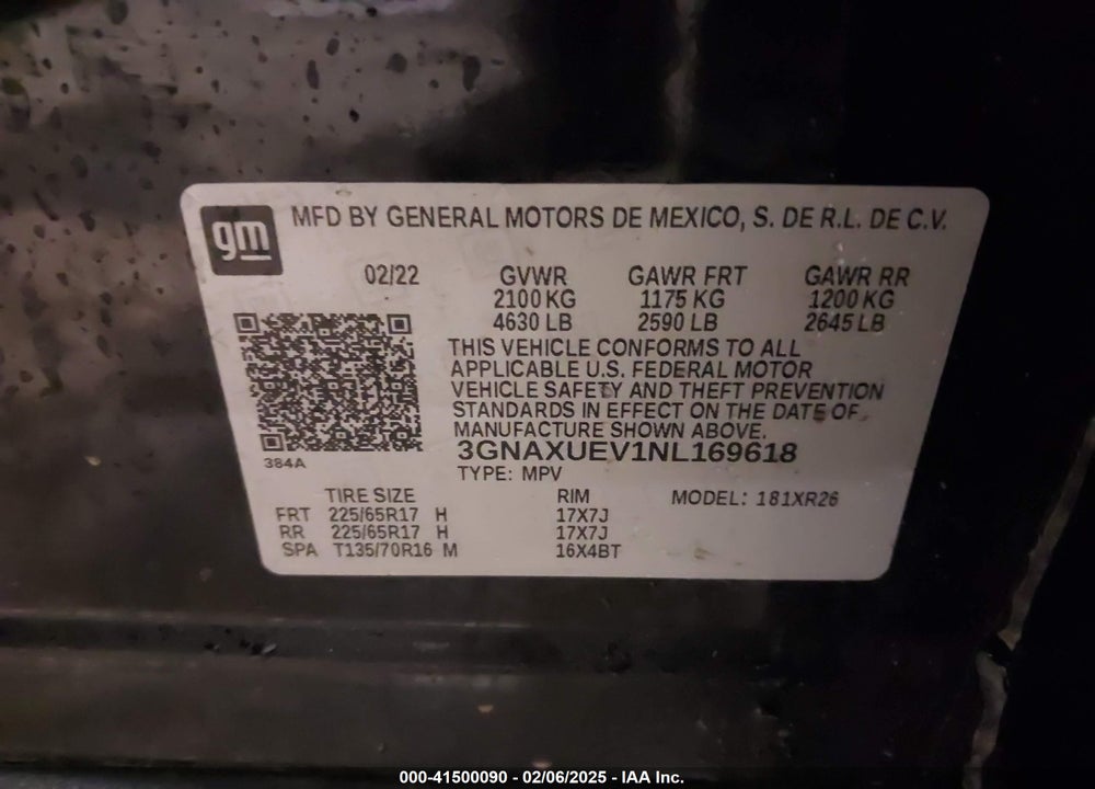 2022 CHEVROLET EQUINOX AWD LT VIN: 3GNAXUEV1NL169618