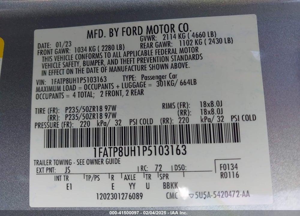 2023 FORD MUSTANG ECOBOOST PREMIUM VIN: 1FATP8UH1P5103163