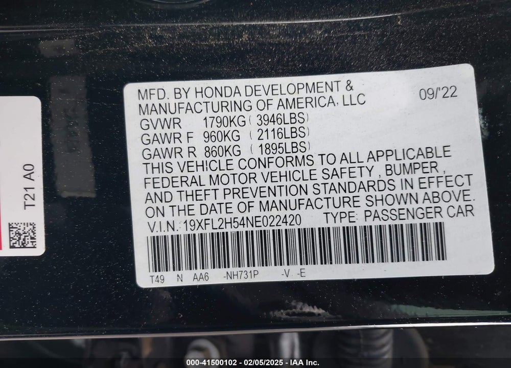2022 HONDA CIVIC VIN: 19XFL2H54NE022420