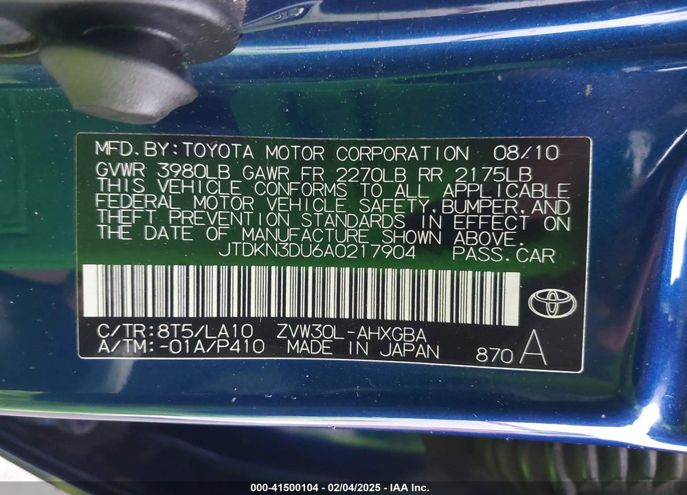 2010 TOYOTA PRIUS IV VIN: JTDKN3DU6A0217904