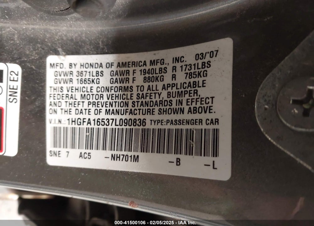 2007 HONDA CIVIC LX VIN: 1HGFA16537L090836