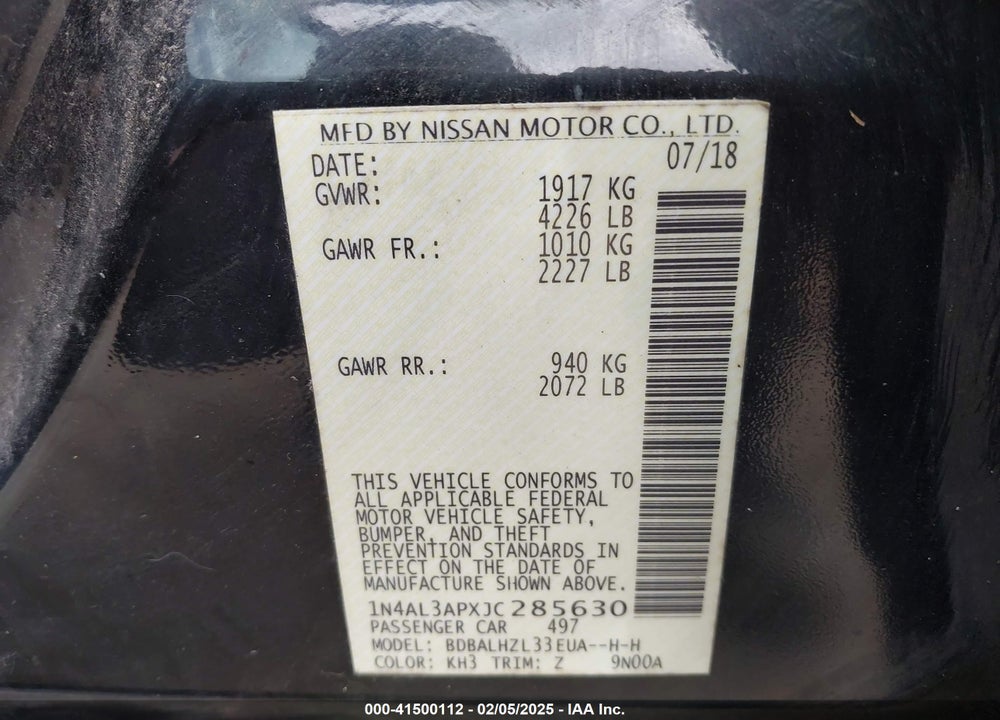 2018 NISSAN ALTIMA VIN: 1N4AL3APXJC285630