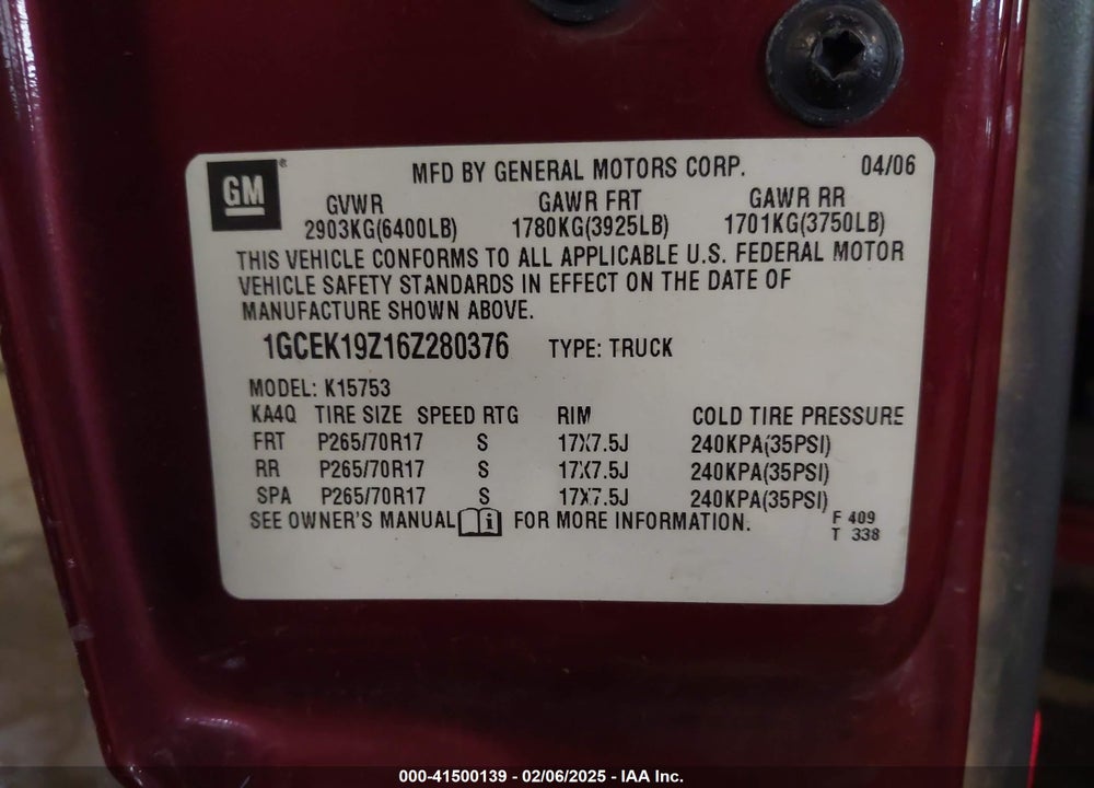 2006 CHEVROLET SILVERADO 1500 LT1 VIN: 1GCEK19Z16Z280376