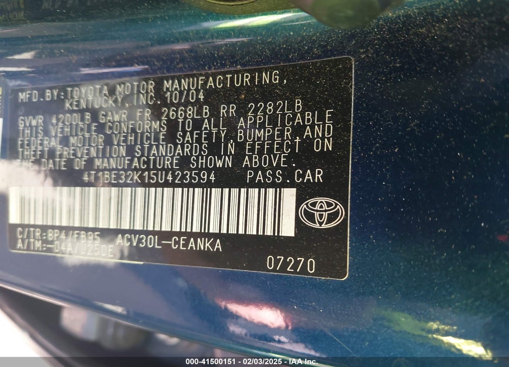 2005 TOYOTA CAMRY LE VIN: 4T1BE32K15U423594