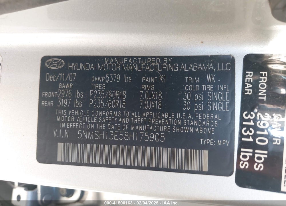 2008 HYUNDAI SANTA FE VIN: 5NMSH13E58H175905