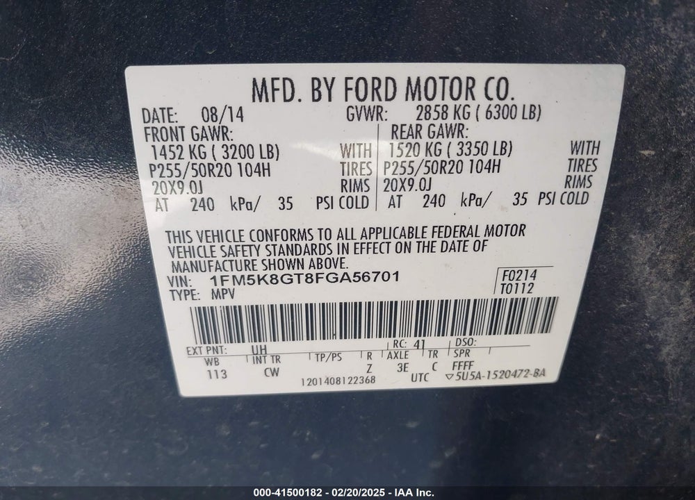 2015 FORD EXPLORER VIN: 1FM5K8GT8FGA56701
