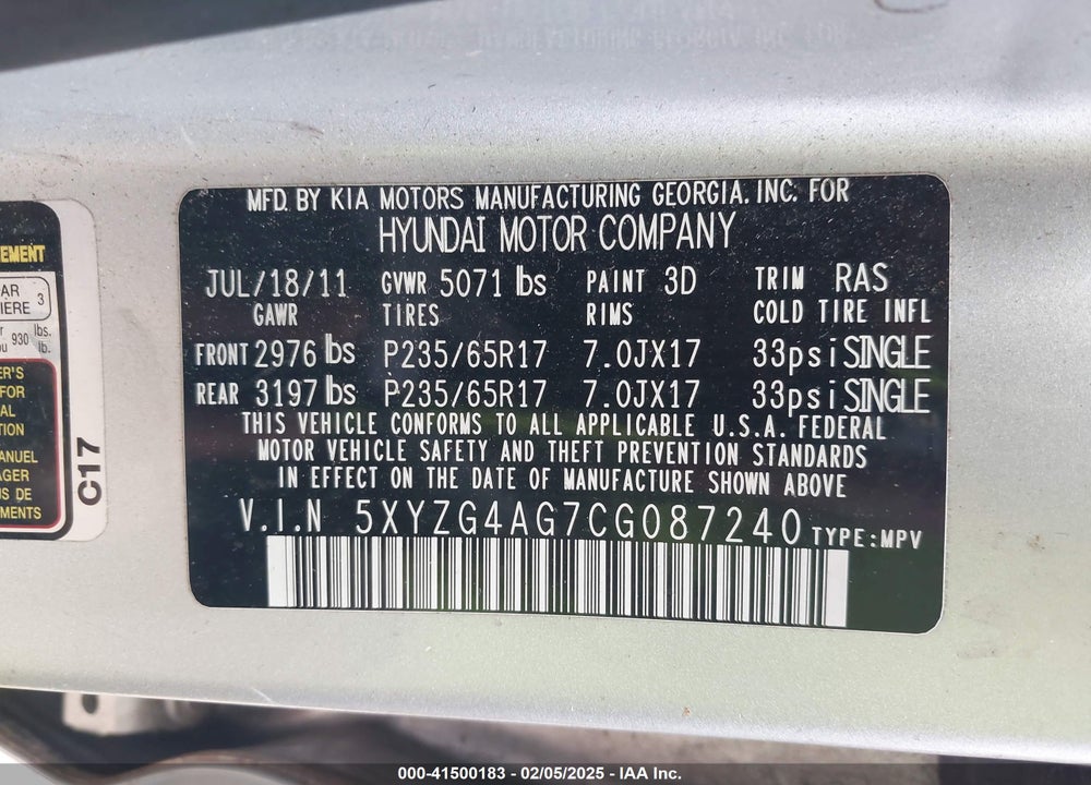 2012 HYUNDAI SANTA FE VIN: 5XYZG4AG7CG087240