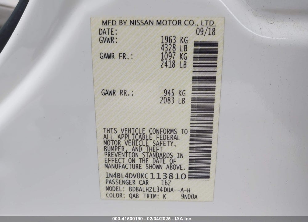 2019 NISSAN ALTIMA VIN: 1N4BL4DV0KC113810