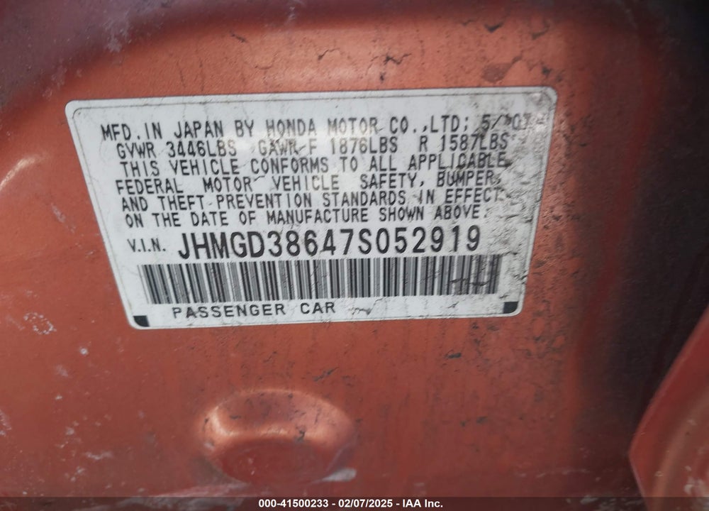 2007 HONDA FIT VIN: JHMGD38647S052919