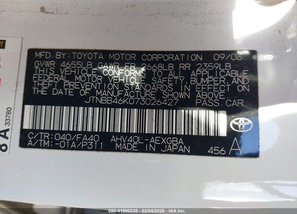 2007 TOYOTA CAMRY HYBRID VIN: JTNBB46K073026427