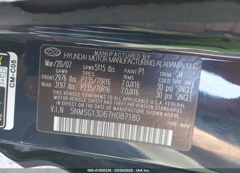 2007 HYUNDAI SANTA FE GLS VIN: 5NMSG13D67H087180