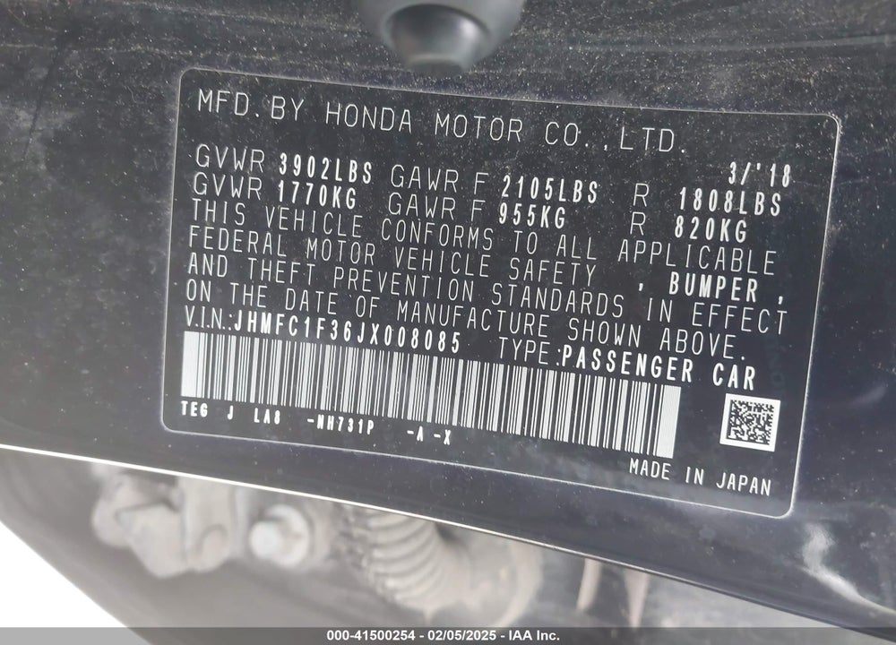 2018 HONDA CIVIC EX-T VIN: JHMFC1F36JX008085