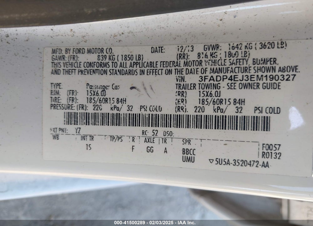 2014 FORD FIESTA SE VIN: 3FADP4EJ3EM190327