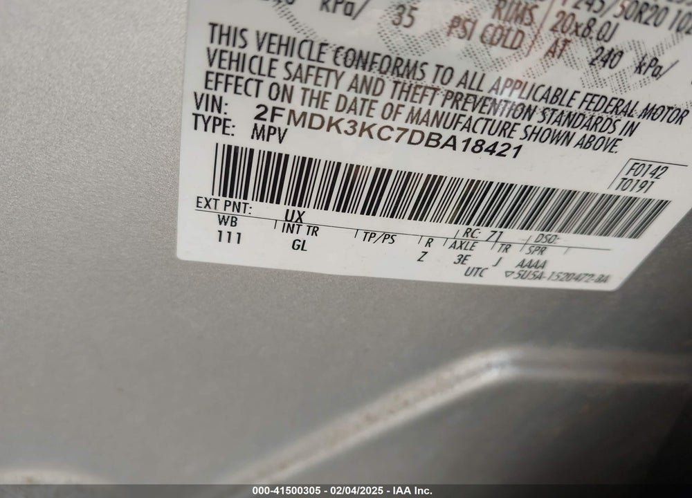 2013 FORD EDGE VIN: 2FMDK3KC7DBA18421